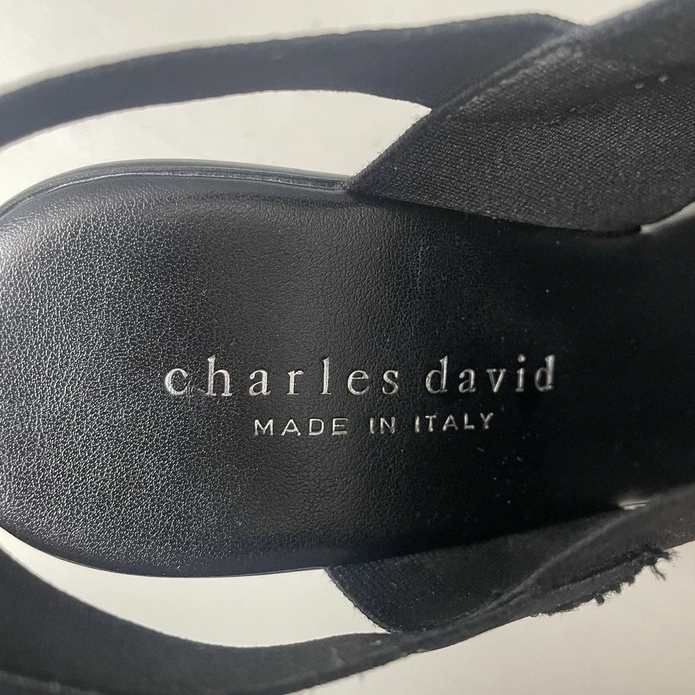 Charles David Womens 10 Black Ankle Strap Patent Leather Wedge Sandal Minimalist